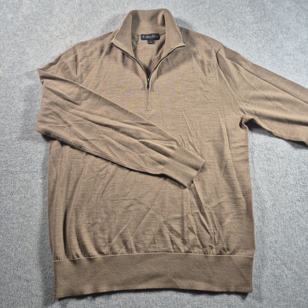 Brooks Brothers Sweater Mens L Brown 1/4 Zip Mock Neck Merino Wool Knit Pullover
